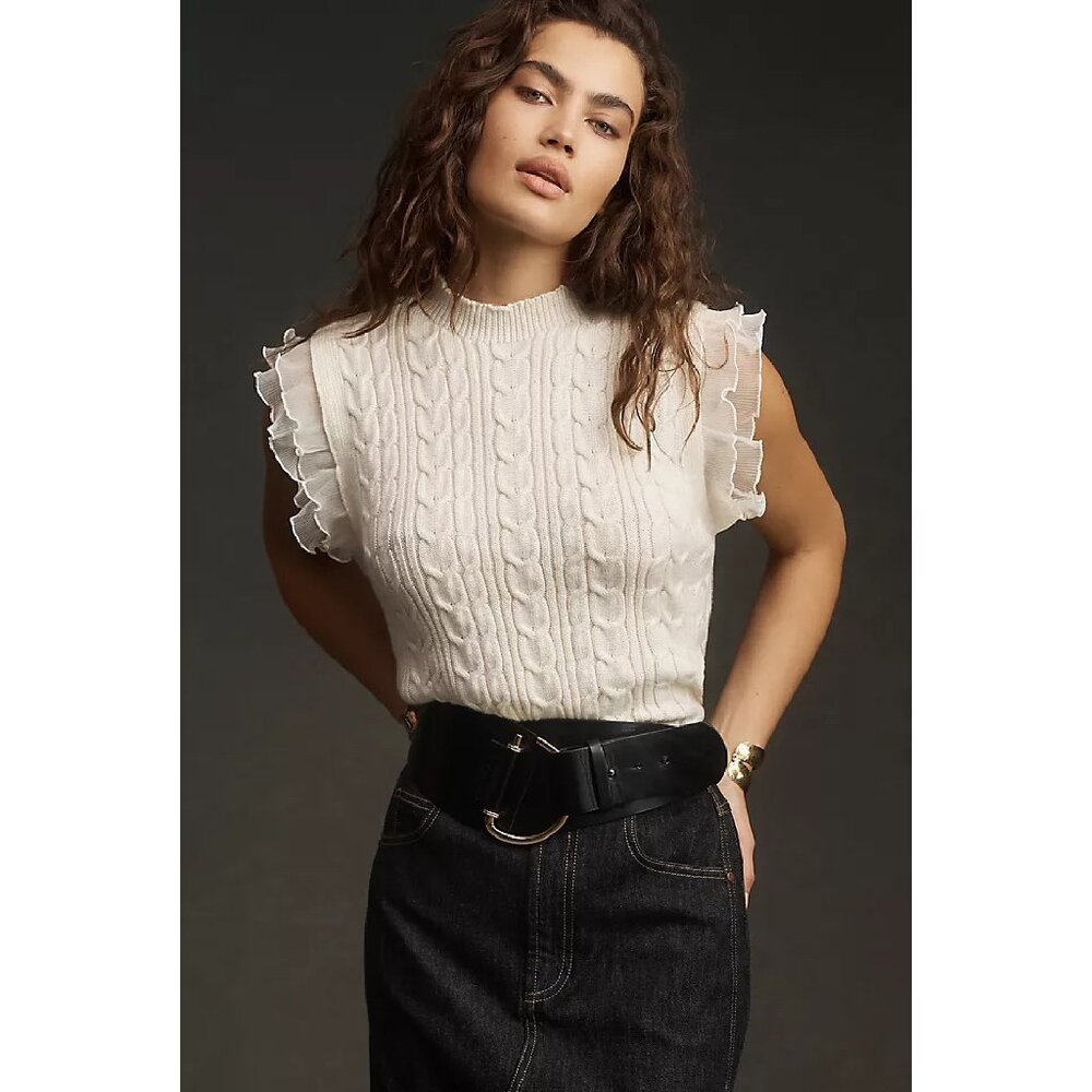 Anthropologie Self Contrast Cable Ruffle Muscle Sweater Tank